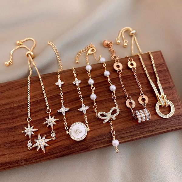 

bracelet titanium steel high-grade zircon adjustable bracelet korean color preserving temperament elegant pearl pull female, Golden;silver