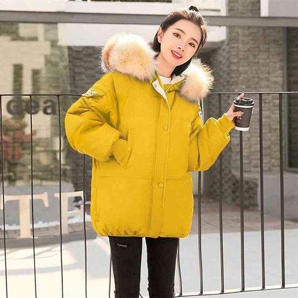 Korea Mode Winter Frauen Parkas Große Pelzkragen Mit Kapuze Lose Gelbe Jacken Bat Sleeved Casual Warme Baumwollmantel D262 210512