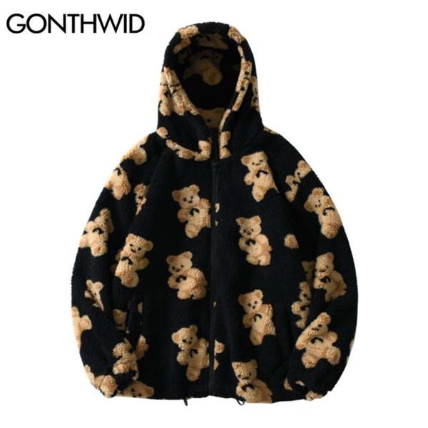 

gonthwid fleece hooded jackets streetwear casual harajuku hip hop men women fashion bear print full zip hooded coat outwear 210928, Black;brown