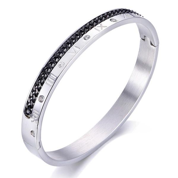 

bangle stainless steel roman numerical with chain link bangles bracelets for women men crystals classic jewelry, Black