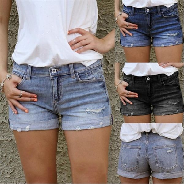 

vintage ripped hole fringe women short blue denim shorts casual button pocket jeans style, White;black