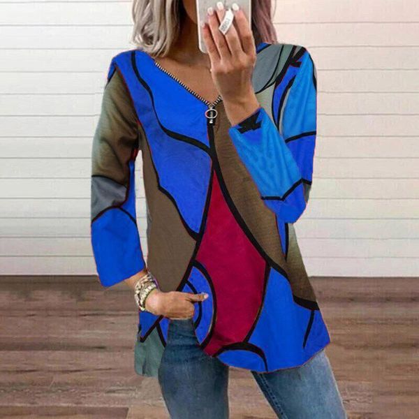 

women's t-shirt 2021 autumn spring women ladies colorblock printed v-neck zipper casual loose long sleeve elegant shirt streetwear, White