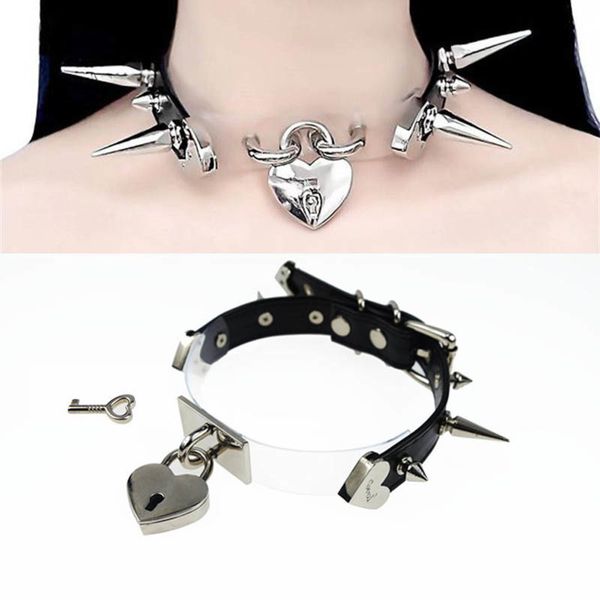 

leuke lolita spikes studs handgemaakte lederen patchwork kraag veilig hart afsluitbare key choker ketting, Silver