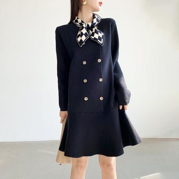 

casual dresses mermaid dress for women o neck long sleeve loose patchwork bowknot scarf hit color vintage female 2021 clothing v969, Black;gray