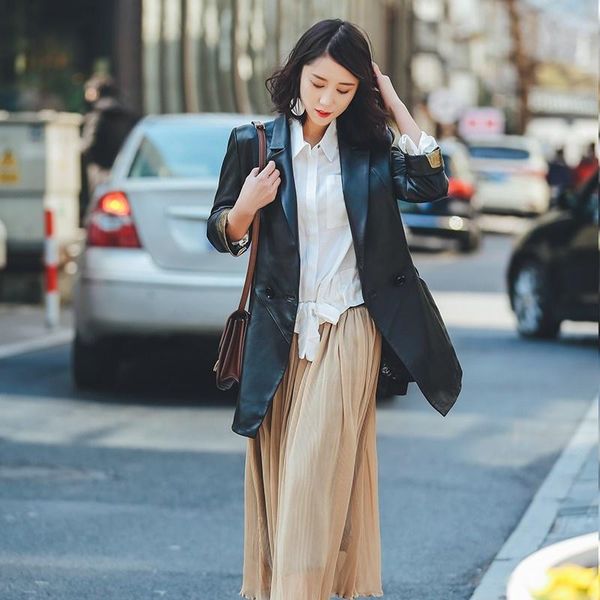 

women's leather & faux korean women black genuine casual suit coat jacket casaco feminino real sheepskin elegant blazer office lady clo