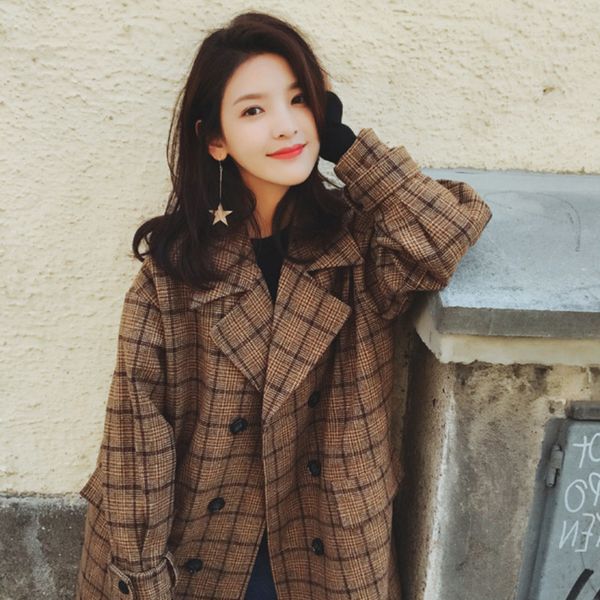 

women's trench coats vintage plaids loose woolen clothes of women silhouette plaid jacket baggy tweeds woman's winter outerwear 65, Tan;black