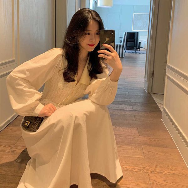 

elegant doll collar long sleeve dress designer stitching women puff korean winter lady party midi 210604, Black;gray