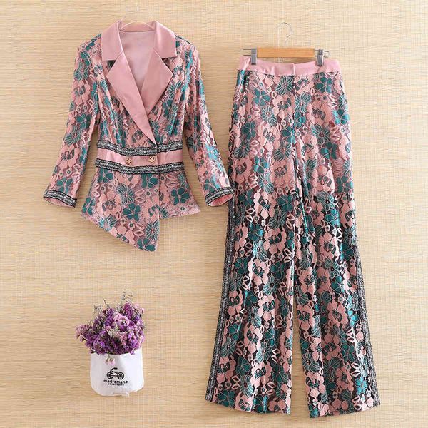 

pants embro mill autumn women 2 pieces set vintage floral slim lace + split wide leg pants elegant lady suit female s-xl, White