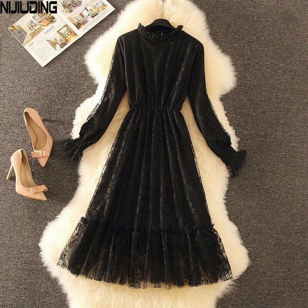 

women's thick warm lace dresses autumn winter long sleeve solid mid-length ruffles stand collar dress femee vestidos mujer party casual, Black;gray