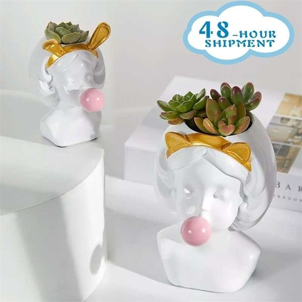 Kawaii Vase Home Decor Nordic Harz Nettes Mädchen Menschlicher Kopf Kaugummi Blumentopf Moderne Kunst Dekoration Kreative 211214