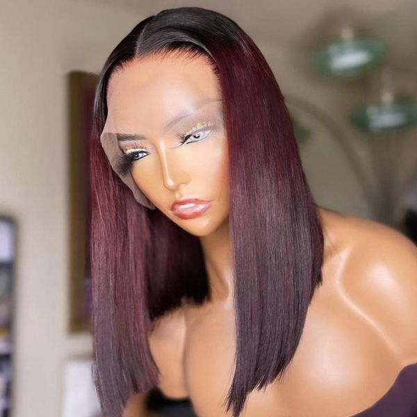 

lace wigs short bob 13x6 front wig 1b 99j straight 13x4 frontal human hair brazilian remy pre plucked 4x4 closure 180 density, Black;brown