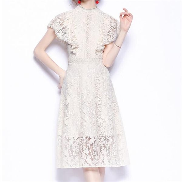 Luxury Lace Splicing Holiday Dress Summer Women Manica corta Nappa Party Midi Fashion 210603