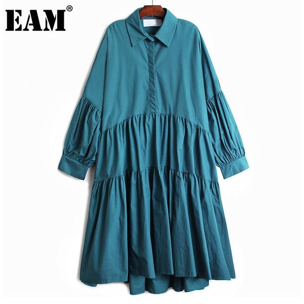 

[eam] women vintage pleated big size blue black dress lapel long sleeve loose fit fashion tide spring autumn 2021 1dd4780 casual dresses, Black;gray