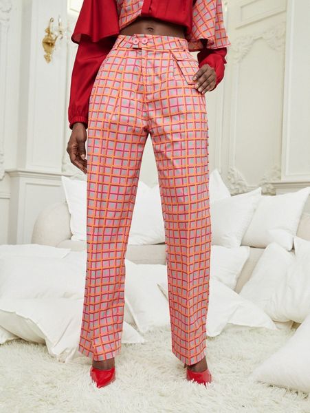 

x momi-ko plaid & polka dot graphic straight leg pants x4co#, Black;white