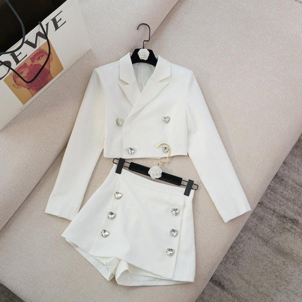 

women's tracksuits 2021 fall clothing fashion collar long sleeve heavy rhinestone suit jacket high waist shorts outfit, Gray