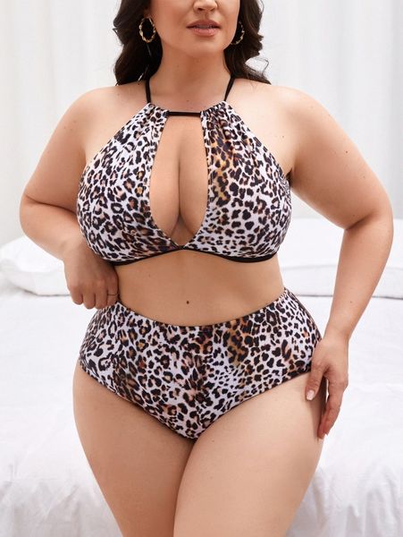 

plus leopard cut-out back bikini swimsuit 92f7#, Black