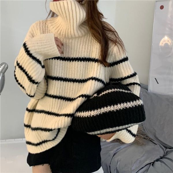 

women's sweaters casual all-match home sweater 2021 thick warm high-neck loose striped ladies, White;black