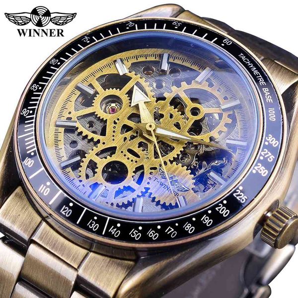 

winner retro royal design blue glass steampunk fashion skeleton complete steel men mechanical automatic sports clock brand luxury, Slivery;brown