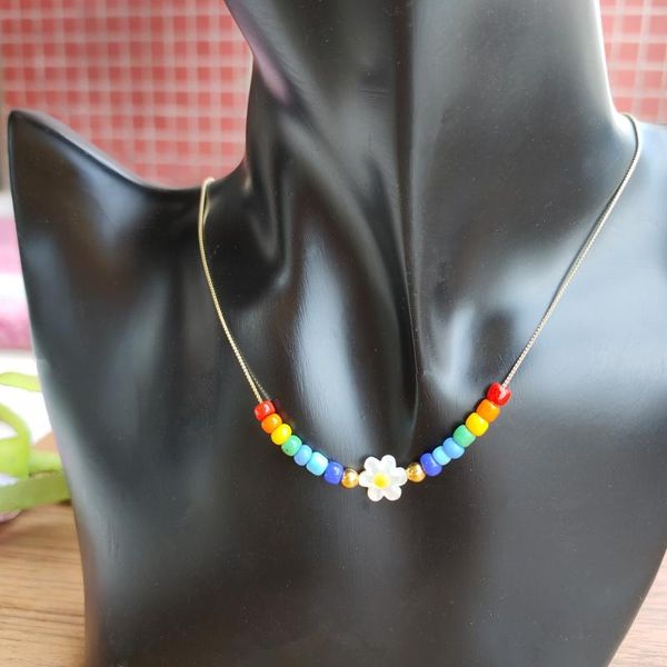 

chains 10pc10mm yellow flower daisy mother pearl necklace rainbow colorful beads with 925 silver gold jewelry for women/girl