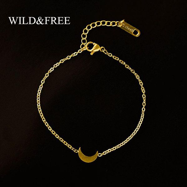

link, chain wild & women simple gold moon bracelets fashion jewelry bangles stainless steel, Black