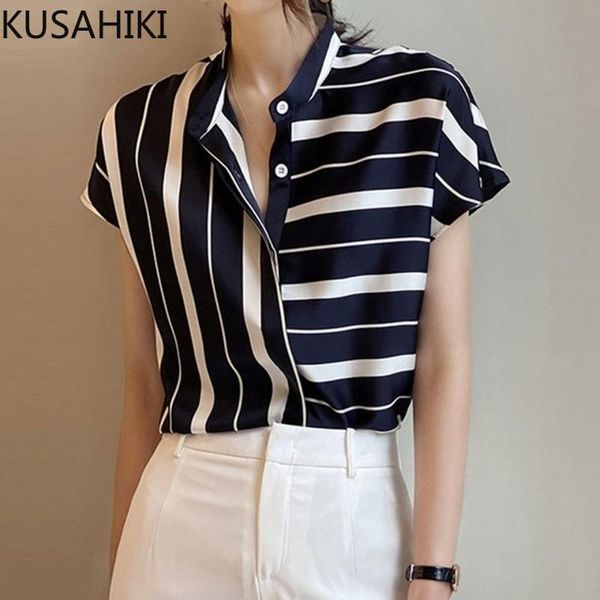 

women's blouses & shirts kusahiki irregular stripe chiffon blouse elegant korean short sleeve women 2021 summer blusas de mujer 6k532, White