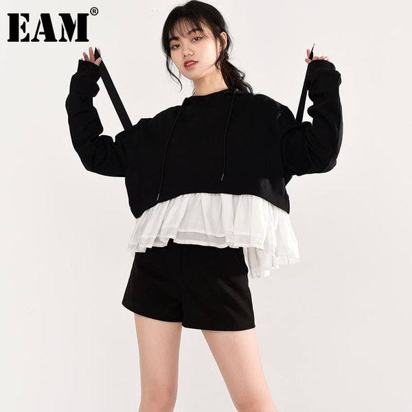 

[eam] loose fit black ruffles short sweatshirt round neck long sleeve women big size fashion spring autumn 2021 1da91501 women's hoodie
