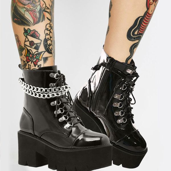 Brand New Cool Patent Couro Gótico Botas Pretas Mulheres Sexy Chains Plataforma de Salto Chunky Punk Estilo Ankle Boots Zipper