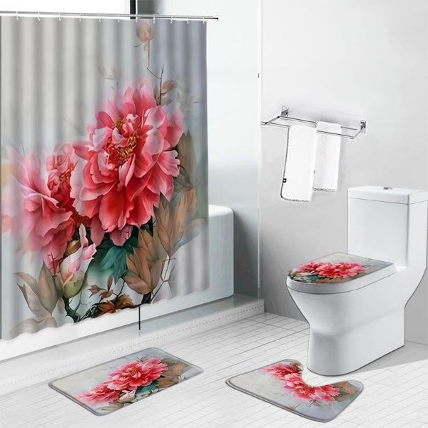 

shower curtains red flowers elegant print curtain set non-slip bath mat women bathing bathroom decor pedestal rug lid carpet toilet cover