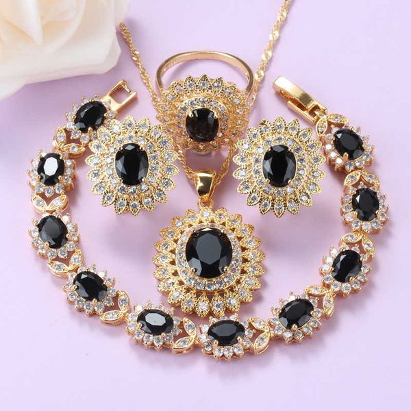 

african gold-color sunflower jewelry set for women black zircon necklace and clip earrings charm bracelet sets h1022, Silver