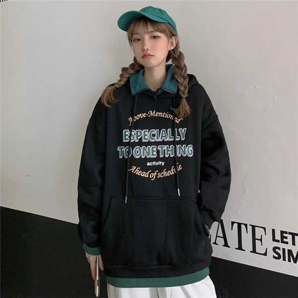 

college fake two-piece plus velvet thick loose korean casual women's sweatshirts printed letter japanese harajuku female hoodies &, Black