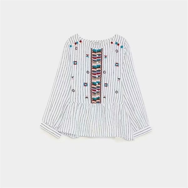 

summer o-neck straight striped appliques patchwork ruffles single breasted button casual women shirt 210524, White