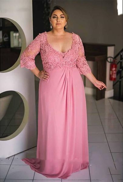 

plus size women formal party evening dresses lace applique 3/4 long sleeves mother of the bride dress neckline chiffon prom vestidos, Black;red