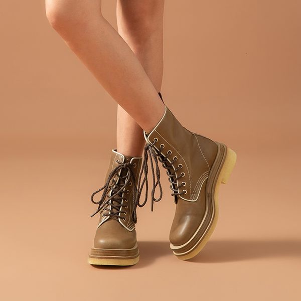 

boots ankle platform women genuine cow leather motorcycle boots lace-up round toe winter ladies shoes handmade 02365, Black