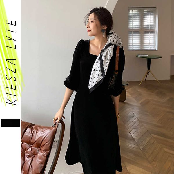 Mulheres Preto Vestido Velho Vintage Vintage Collar Lanterna Sleeve Hight Cintura Elegante Partido Anual Midi Vestidos Primavera 210608