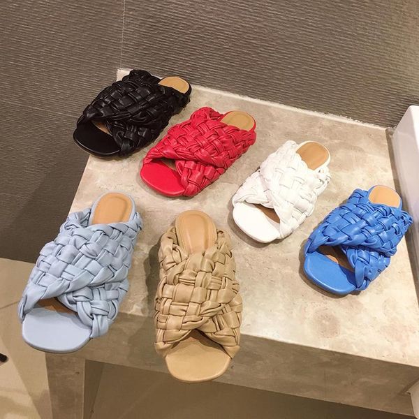 

woven flat slippers women casual slides cross straps slip on summer shoes square toe flip flops 2021 size 35-42, Black
