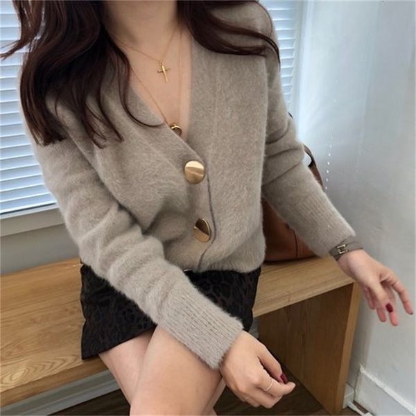 

women's knits & tees autumn winter fashion women mink cashmere cardigan sweater female v-neck knitted long haired mink cashmere s, White