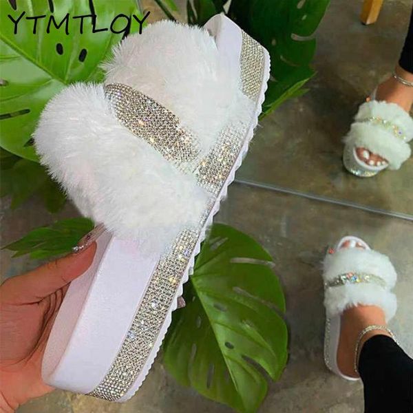 

slippers plush slippers, fur rhinestone outdoor flat bottom ladies platform sandals, fluffy casual shoes,, Black