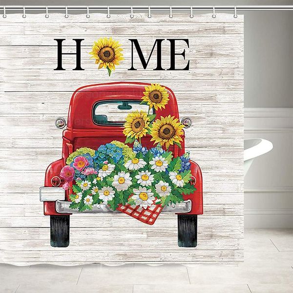 

shower curtains rustic farm truck floral curtain flower and sunflower at red on vintage wood farmhouse hooks polyester
