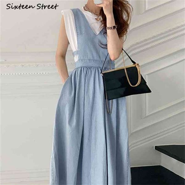 Runway Chic Dress Donna Estate Scollo a V Blue Jeans Vestido Abbigliamento Coreano a vita alta Street Long Female 210603