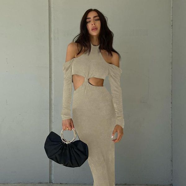 

casual dresses jiak robe party women maxi soild elegant cut hollow out lace up neck fitted long sleeve clubwear female 2021 summer, Black;gray