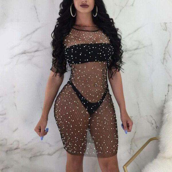 

women sequins crystal mesh see-through dress bikini cover up hollow half sleeve ruffle mini swimwear bathing suit for lady sarongs, Blue;gray