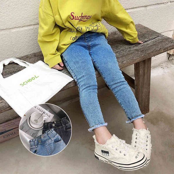 Kore Stil Moda Kızlar Yüksek Bel Kürk Kesikli Kot Bahar Sonbahar Kız Sıska Casual Denim Pantolon 210508