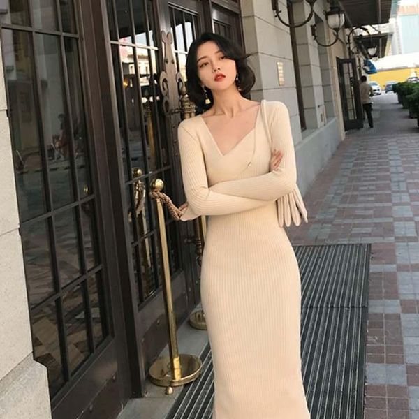 

casual dresses 2021 autumn knitted dress female long sleeve empire waist slim fit fishtail elegant knitwear asymmetrical women clothing, Black;gray