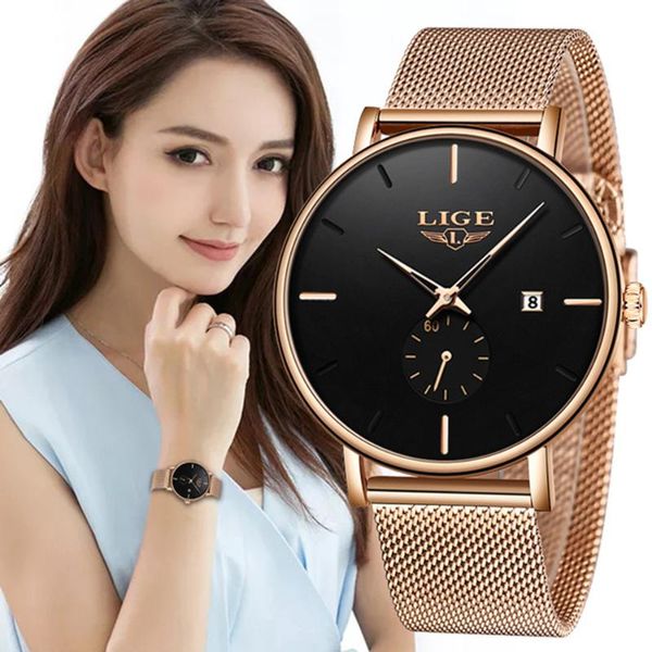 

wristwatches lige luxury women metal mesh watch simplicity classic fashion casual quartz clock women's watches relogio feminino, Slivery;brown