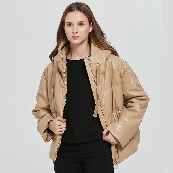 

women's leather & faux trendy winter women thick warm pu zipper hooded jacket loose oversized parkas windbreaker outwear padded coat, Black