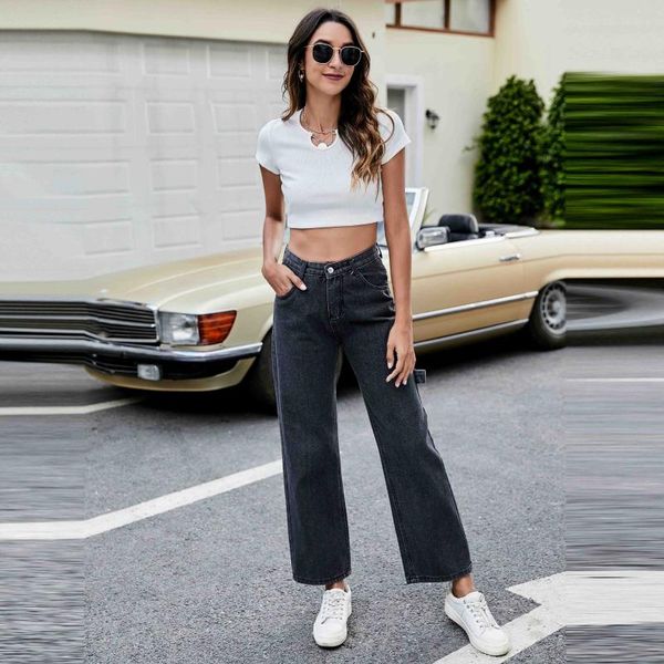 

women's pants & capris women jean casual slim trousers streetwear fashion lady zipper hight waist loose straight leg full length jeans, Black;white