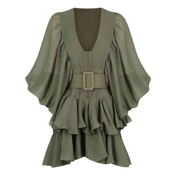 

casual dresses sashes slim for women v neck lantern long sleeve high waist female spring green patchwork ruffle mini dress, Black;gray