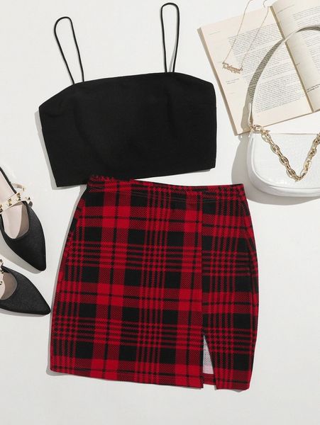 

crop cami and split hem skirt set b0es#, White