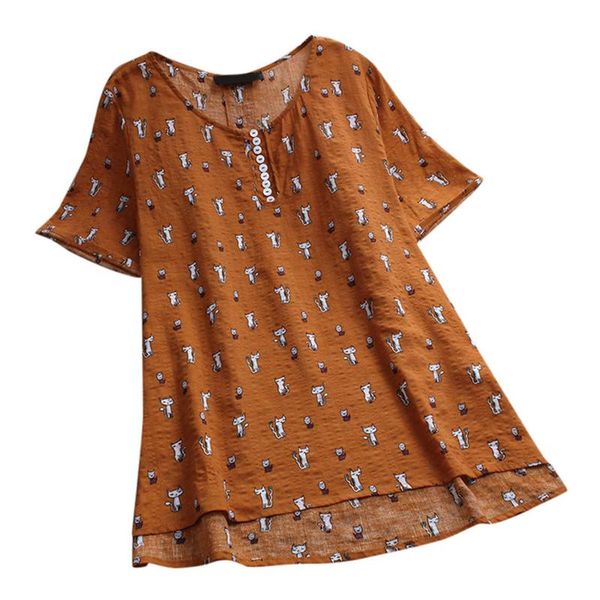 

women's blouses & shirts cat print women fashion asymmetrical short sleeve v neck button casual vintage cotton linen ropa mujer #f3, White