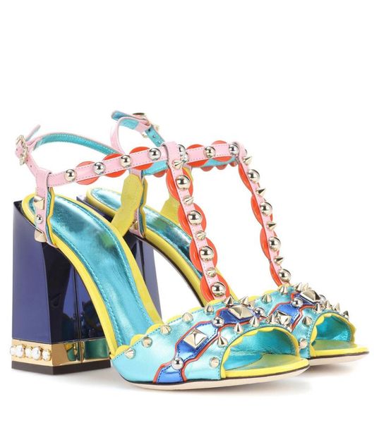 

summer rivets studs multi contrast colors leather sandals women peep toe ladies plated chunky heels designer high shoes, Black
